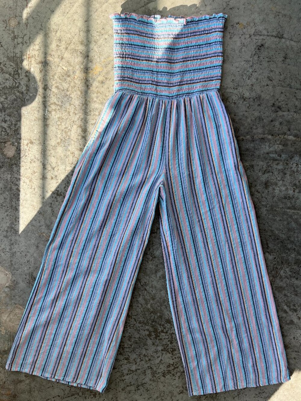 Altar'd State Striped Wide Leg Strapless Jumpsuit Blue Purple Pockets Medium NWT
